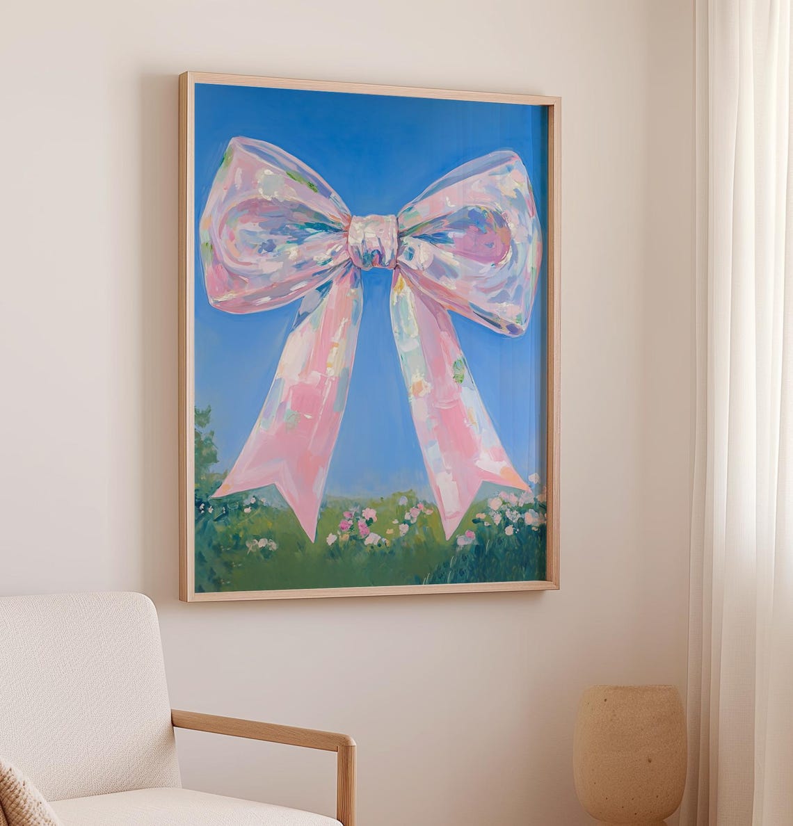 Giant Iridescent Pink Bow Over Flower Meadow Blue Sky Art Poster - Image 3