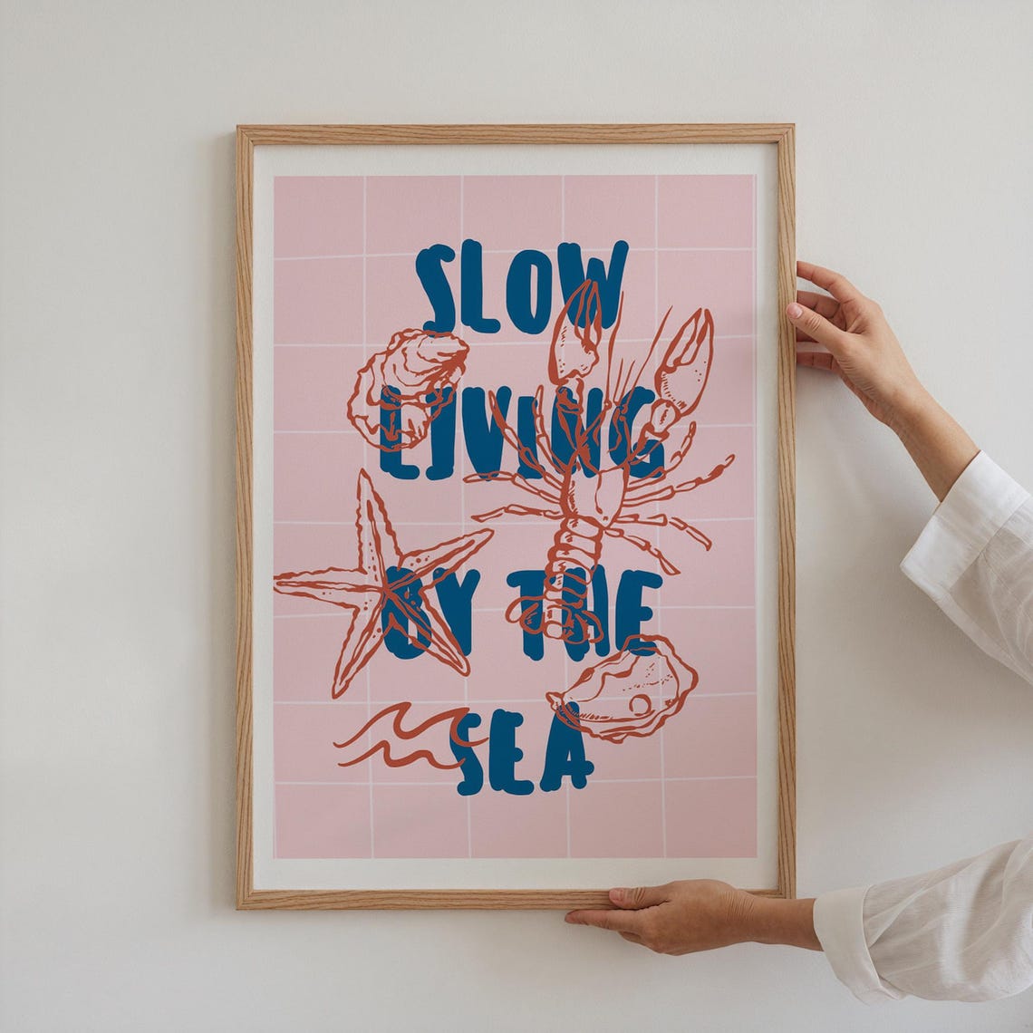 Slow Living By The Sea Pink Tile Lobster Shell Coastal Quote Poster