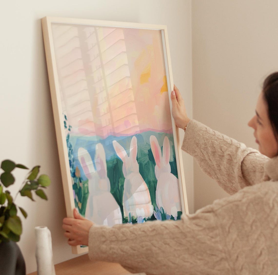 Three White Bunnies Watching Pink Sunset Meadow Spring Art Poster - Image 3