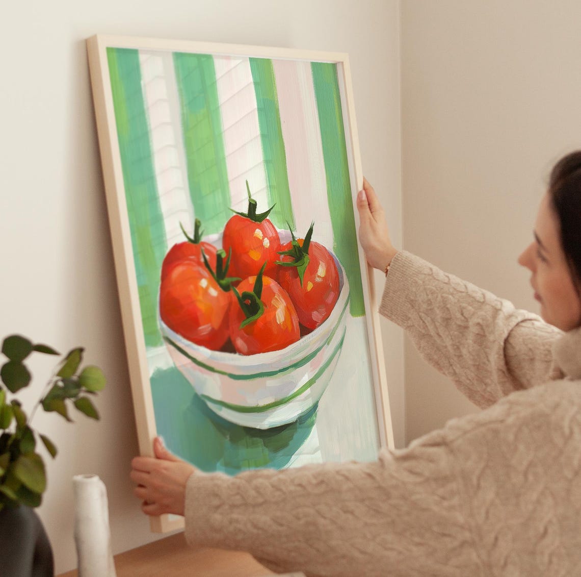 Red Tomatoes In Striped Bowl On Green Stripes Kitchen Art Poster - Image 3