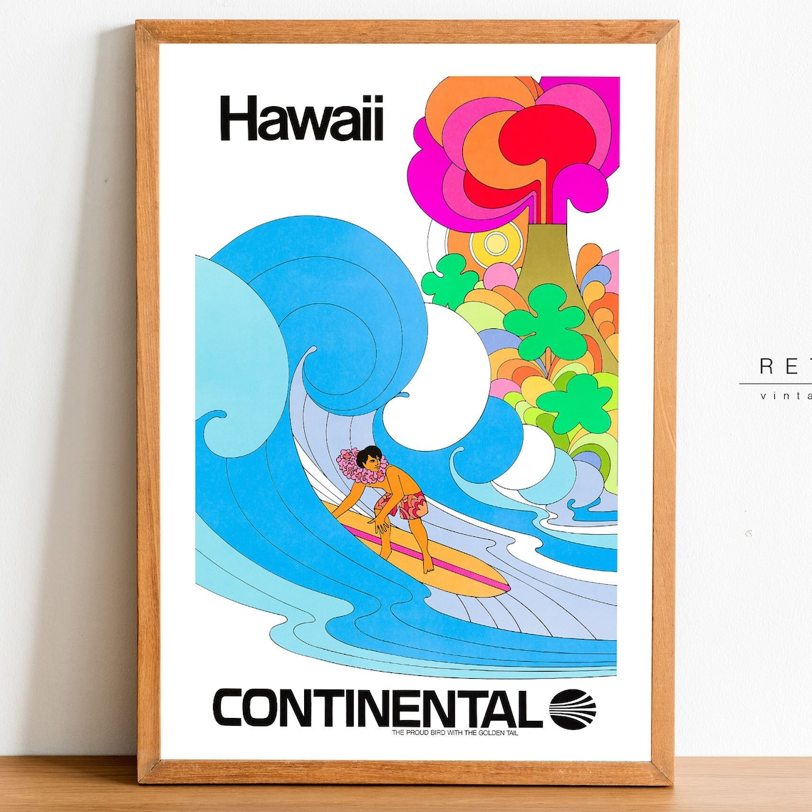 Continental Hawaii Vintage Surfer Wave Airline Travel Poster - Image 3