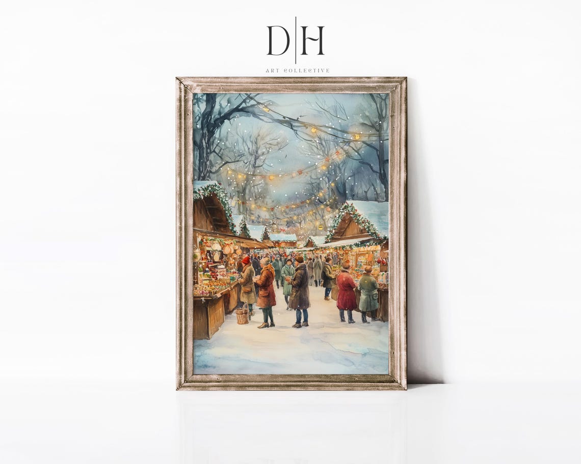 Christmas Market Watercolor Art Print Festive Holiday Marketplace Scene Winter Wonderland Painting Seasonal Christmas Wall Decor