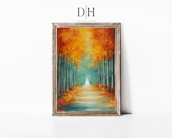 Cute Ghost In Row Of Autumn Trees Art Halloween Season Artwork Forest Scenery Painting Moody Fall Colors