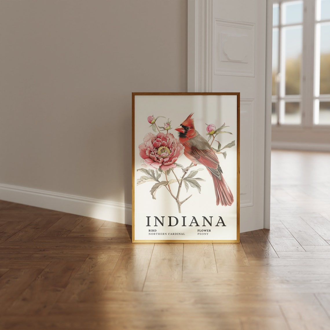 Indiana Northern Cardinal With Pink Peony Botanical Art Print - Image 3