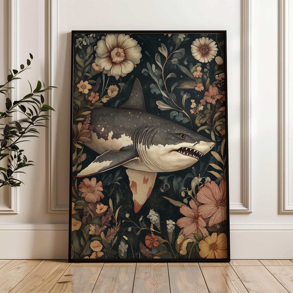 Great White Shark Among Flowers Dark Botanical Ocean Fantasy Poster