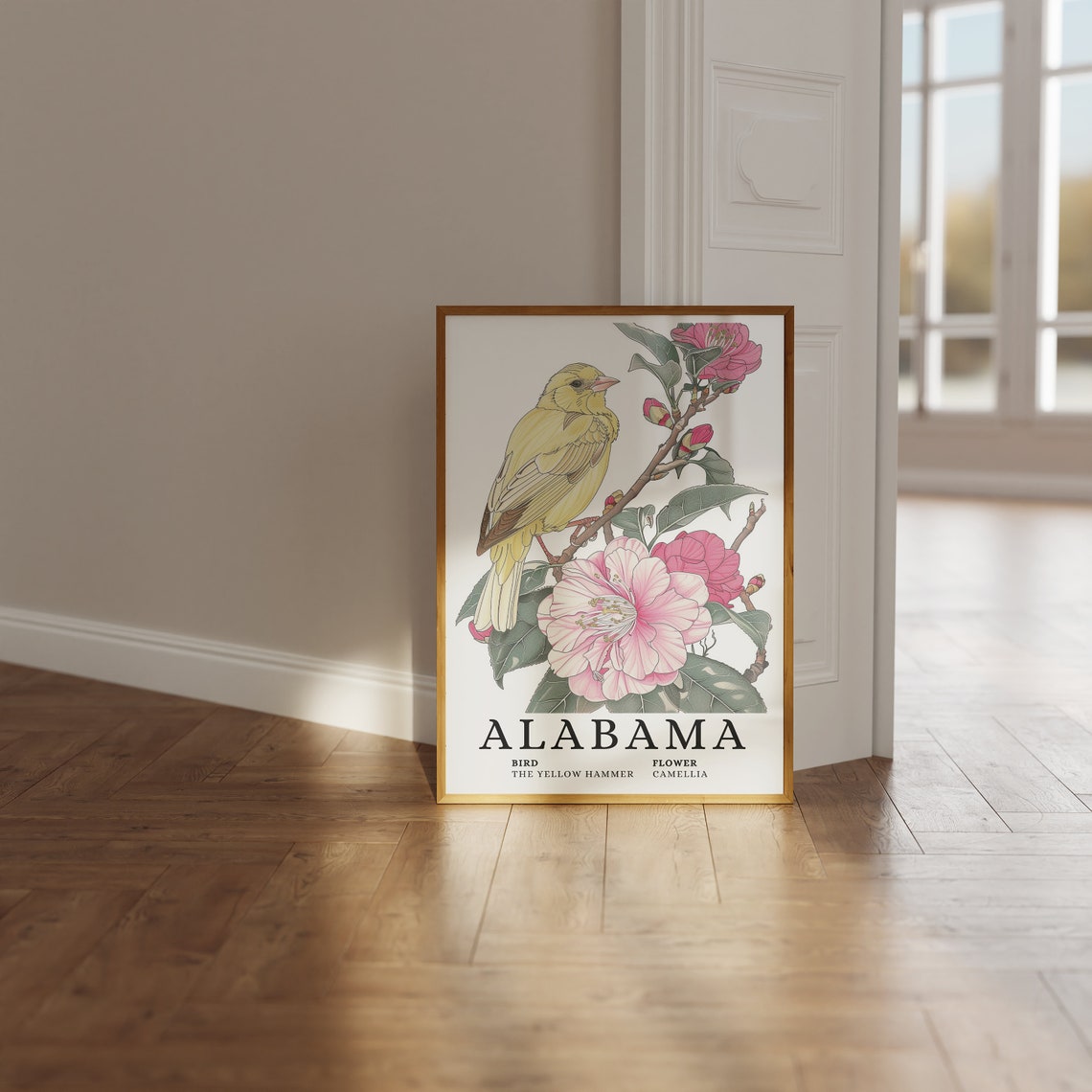 Alabama Yellow Hammer Camellia Botanical Bird and Flower Art Print - Image 3