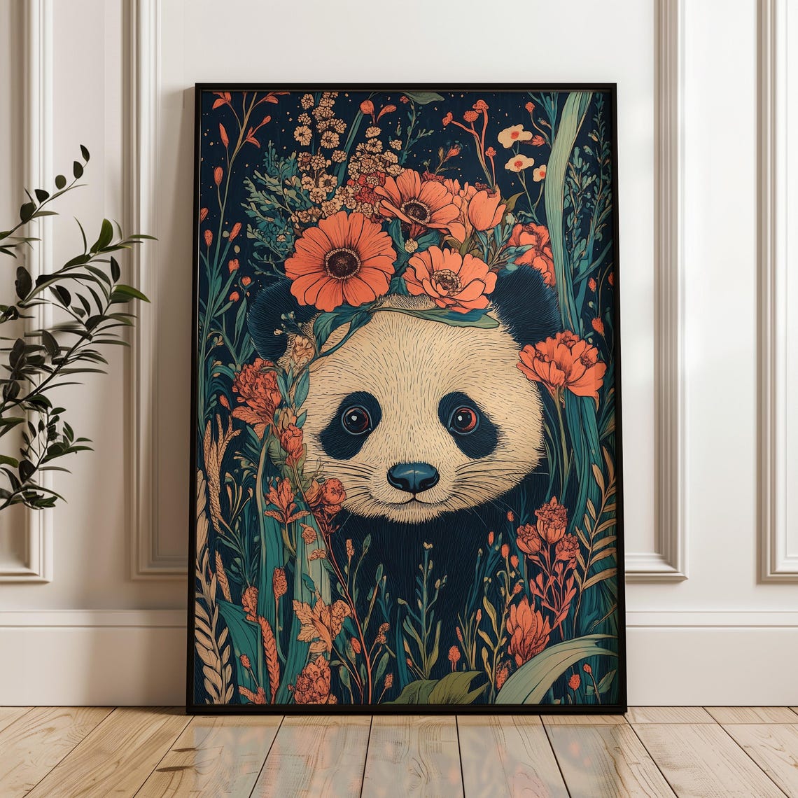 Giant Panda Face Among Orange Wildflowers Dark Botanical Art Poster