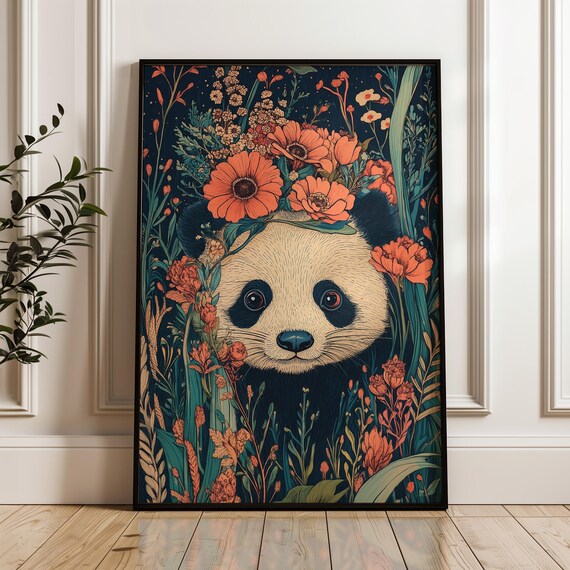 Giant Panda Face Among Orange Wildflowers Dark Botanical Art Poster