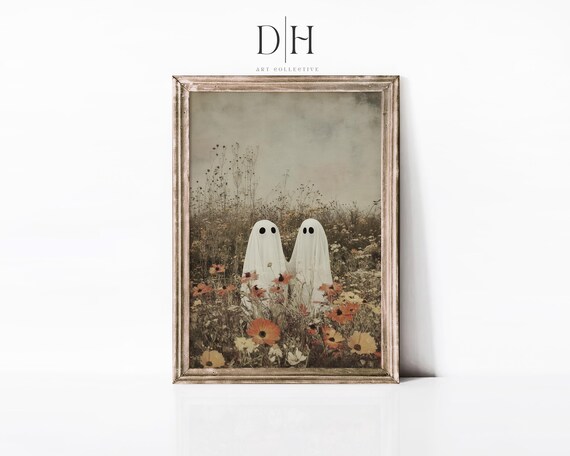 Moody Wildflower Landscape Wall Art Cute Ghost Moody Halloween Season Painting Authentic Autumn Art Print