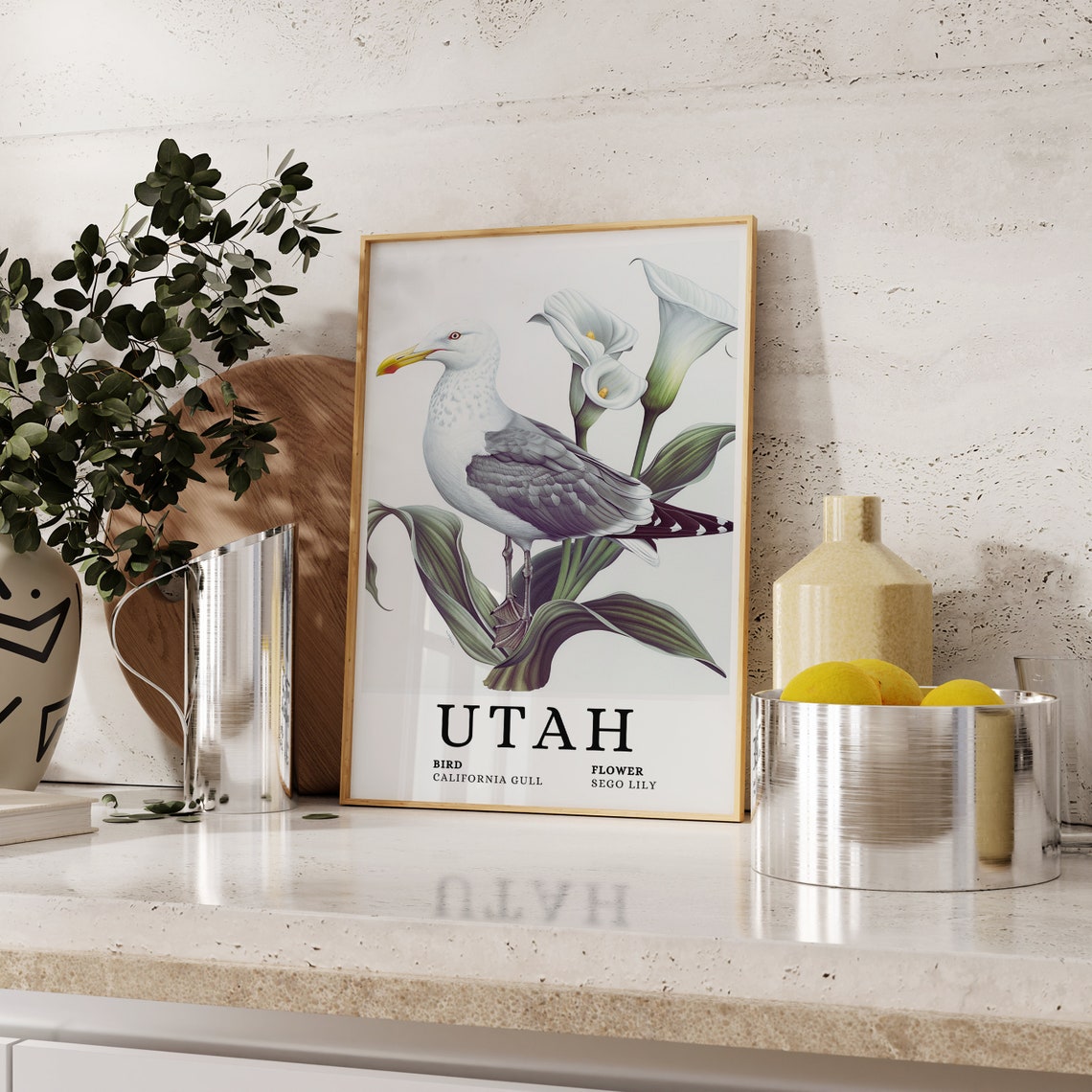 Utah California Gull Sego Lily Botanical Bird and Flower Art Print - Image 2