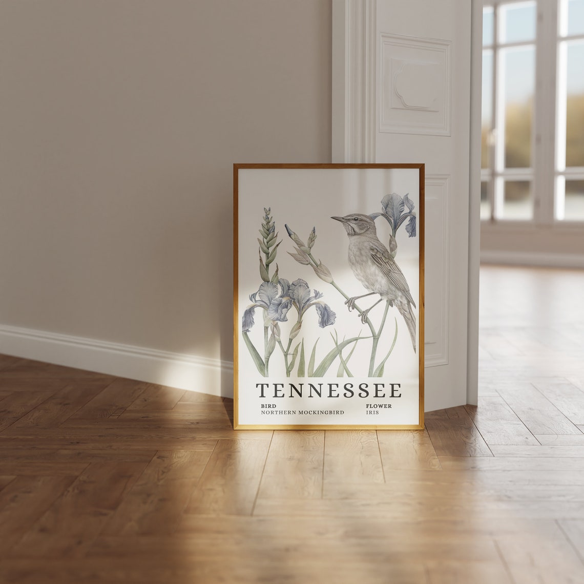 Tennessee Northern Mockingbird Iris Bird and Flower Art Print - Image 3