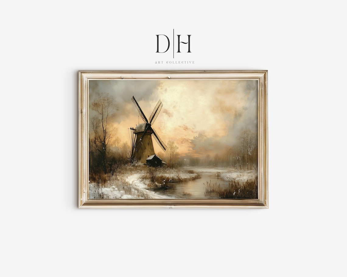 Winter Windmill Snowy Countryside Canal Vintage Oil Painting Poster