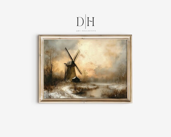 Moody Winter Landscape Painting Christmas Wall Art Vintage Countryside Winter Scene Holiday Wall Art