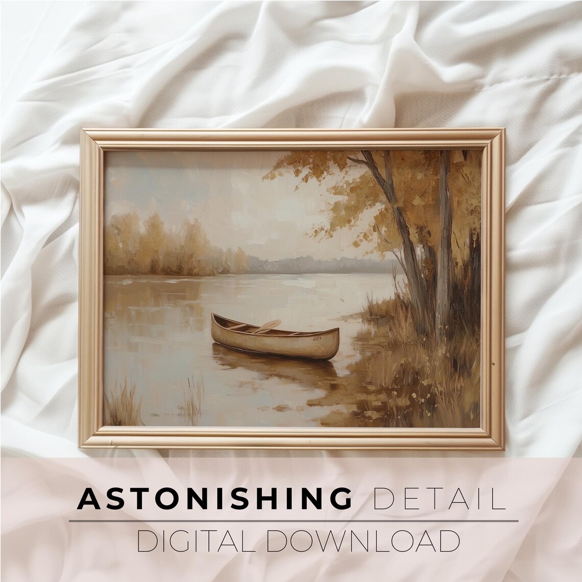 Wooden Canoe On Calm Autumn Lake Neutral Tones Serene Landscape Poster - Image 3
