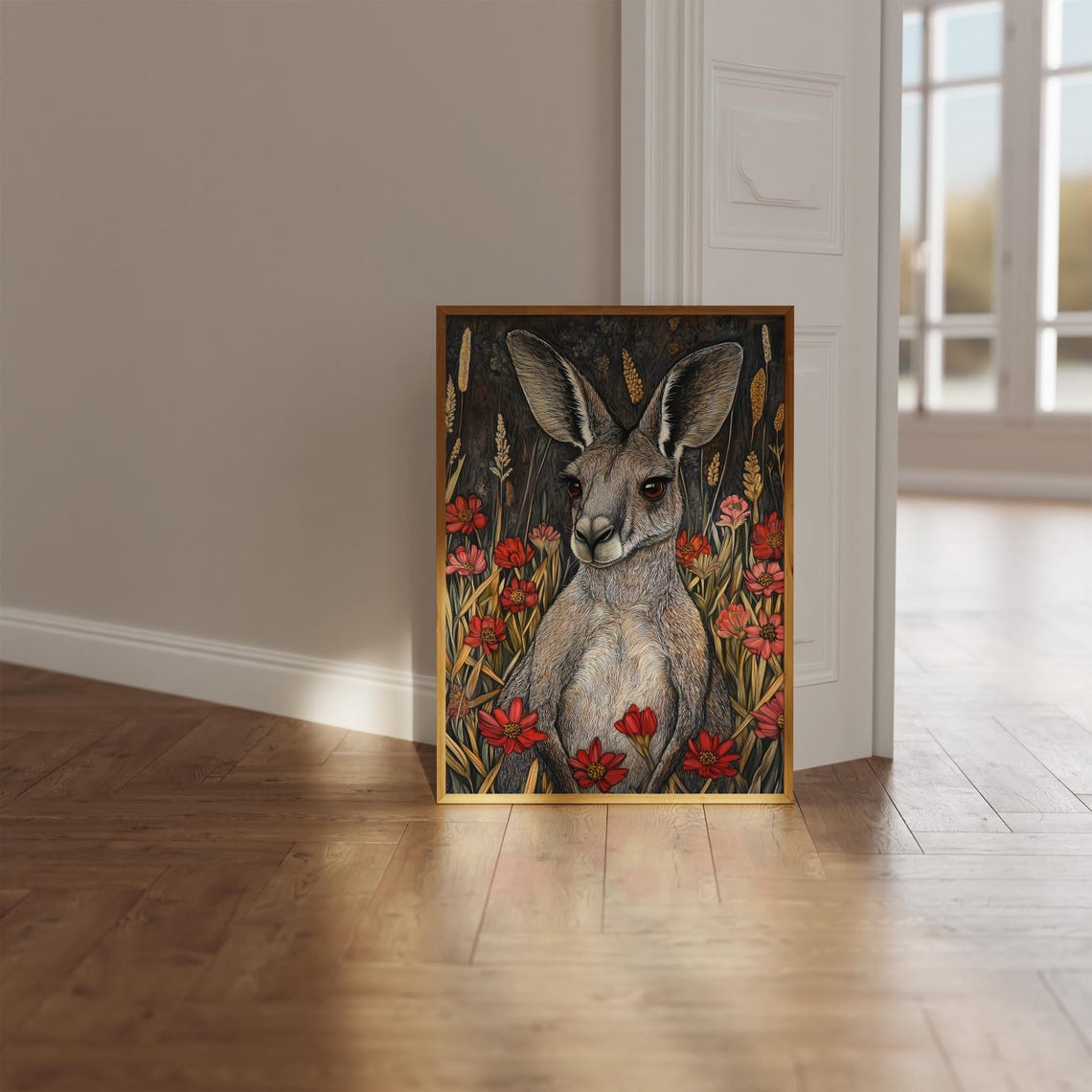 Kangaroo Portrait Red Wildflowers Golden Wheat Dark Field Art Poster - Image 2