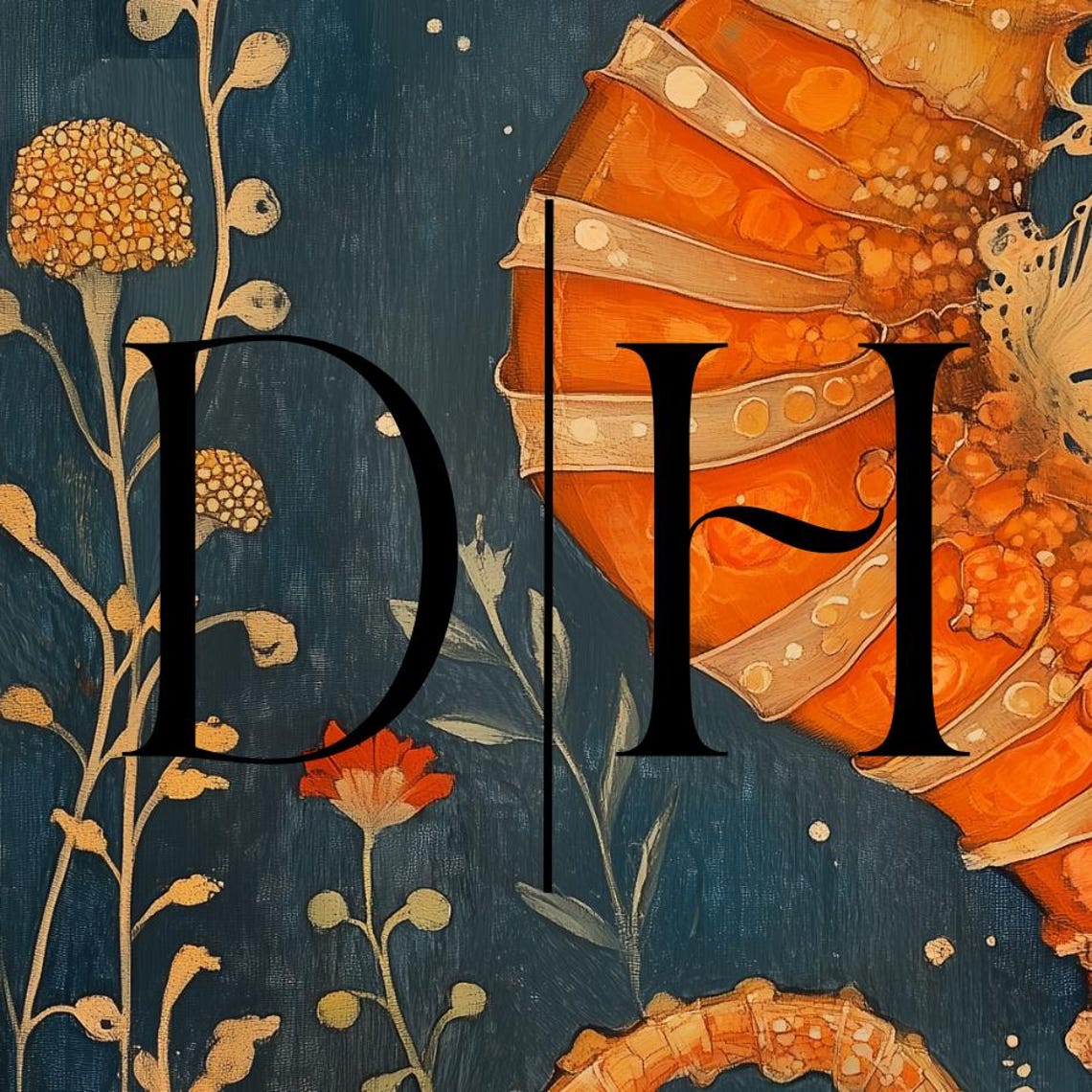 Orange Seahorse Golden Seaweed Deep Blue Nautical Nursery Art Poster - Image 3