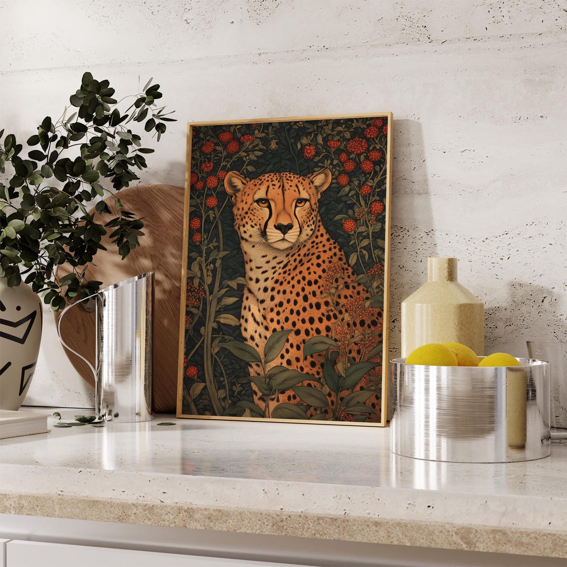Cheetah Floral William Morris Inspired Red Flower Big Cat Poster - Image 2
