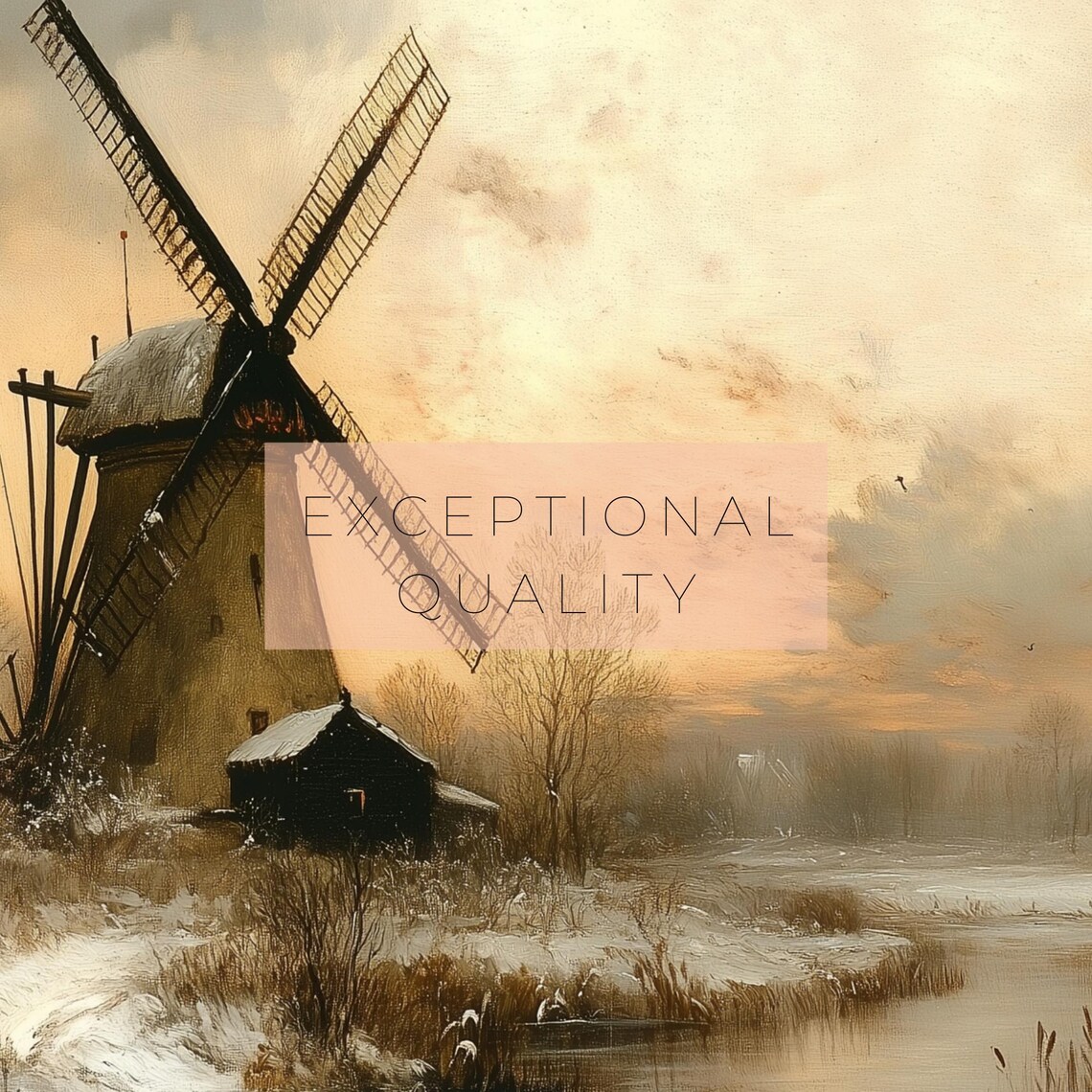 Winter Windmill Snowy Countryside Canal Vintage Oil Painting Poster - Image 2