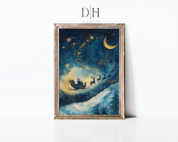 Christmas Santa Claus Sleigh Ride Art Print Vintage Watercolor Nighttime Artwork Starry Night Illustration Themed Wall Decor