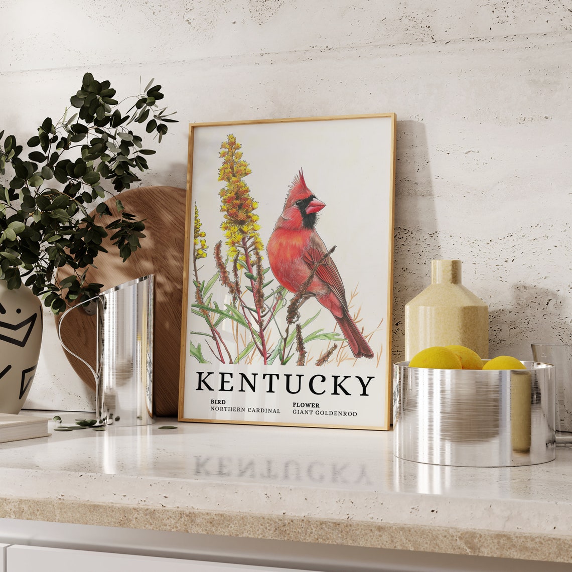 Kentucky Northern Cardinal With Giant Goldenrod Botanical Art Print - Image 2