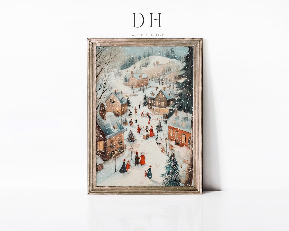 Whimsical Snowy Christmas Village Watercolor Festive Holiday Art Print