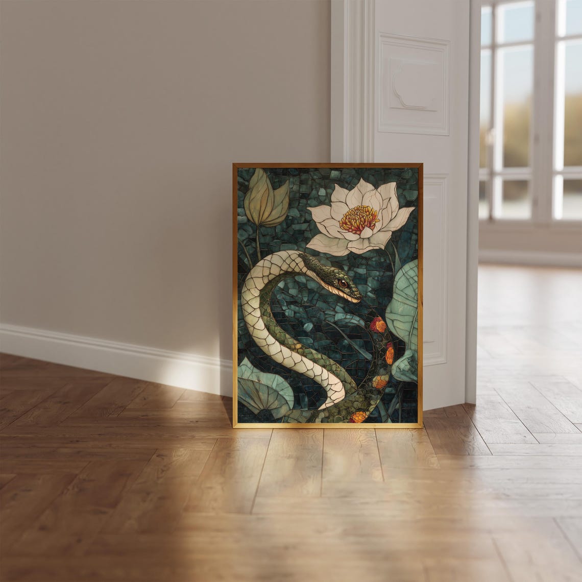 Green Snake Coiled Among White Water Lilies Mosaic Style Art Poster - Image 2