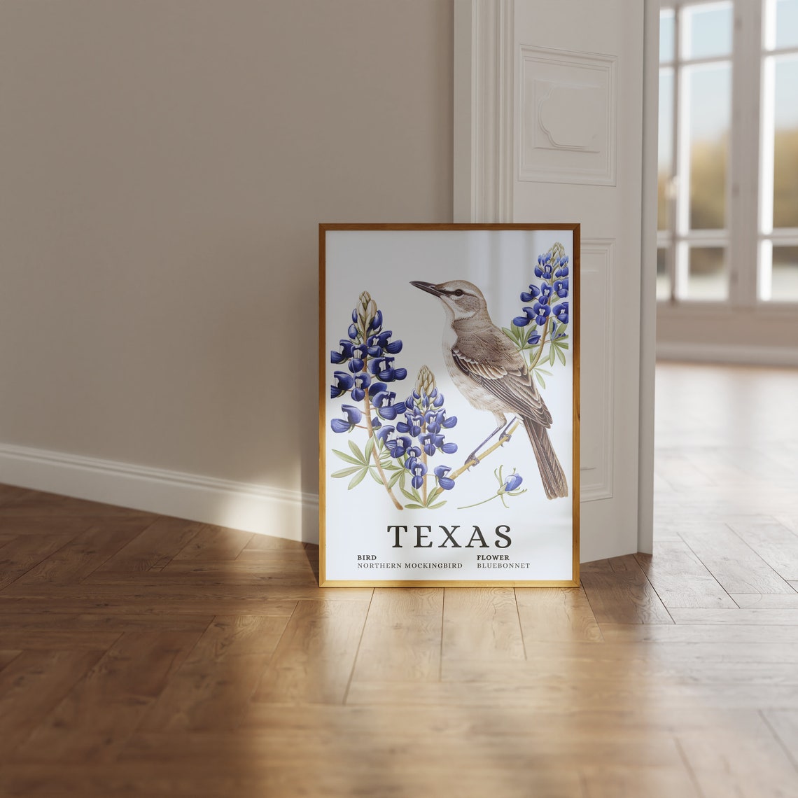 Texas Northern Mockingbird Bluebonnet Bird and Flower Art Print - Image 3