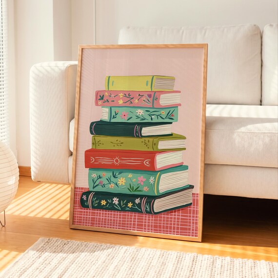 Colorful Stacked Books Cottagecore Bookish Reading Nook Art Poster