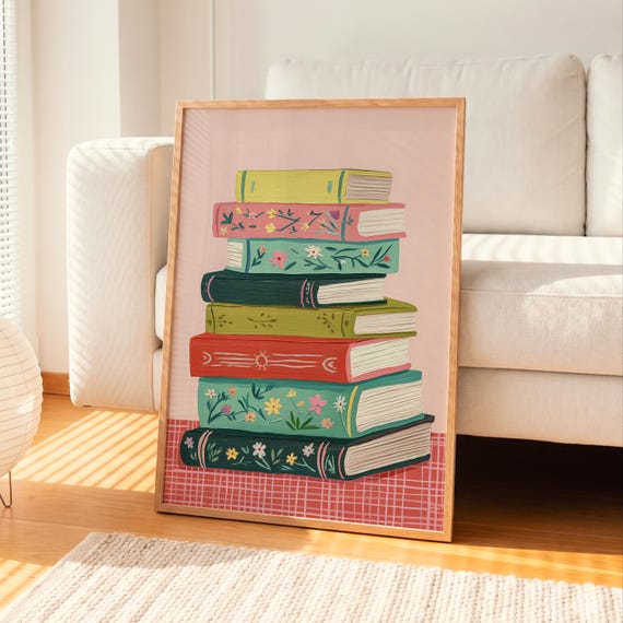 Cottagecore Bookish Poster Stacked Books Print Cozy Reading Nook Painting Digital Download