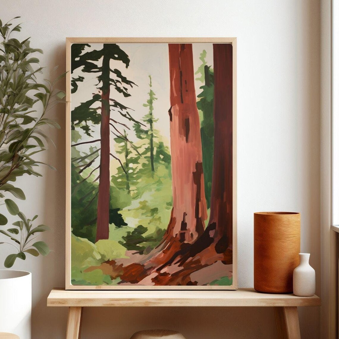 Tall Redwood Tree Trunks Green Forest Path Woodland Painting Poster