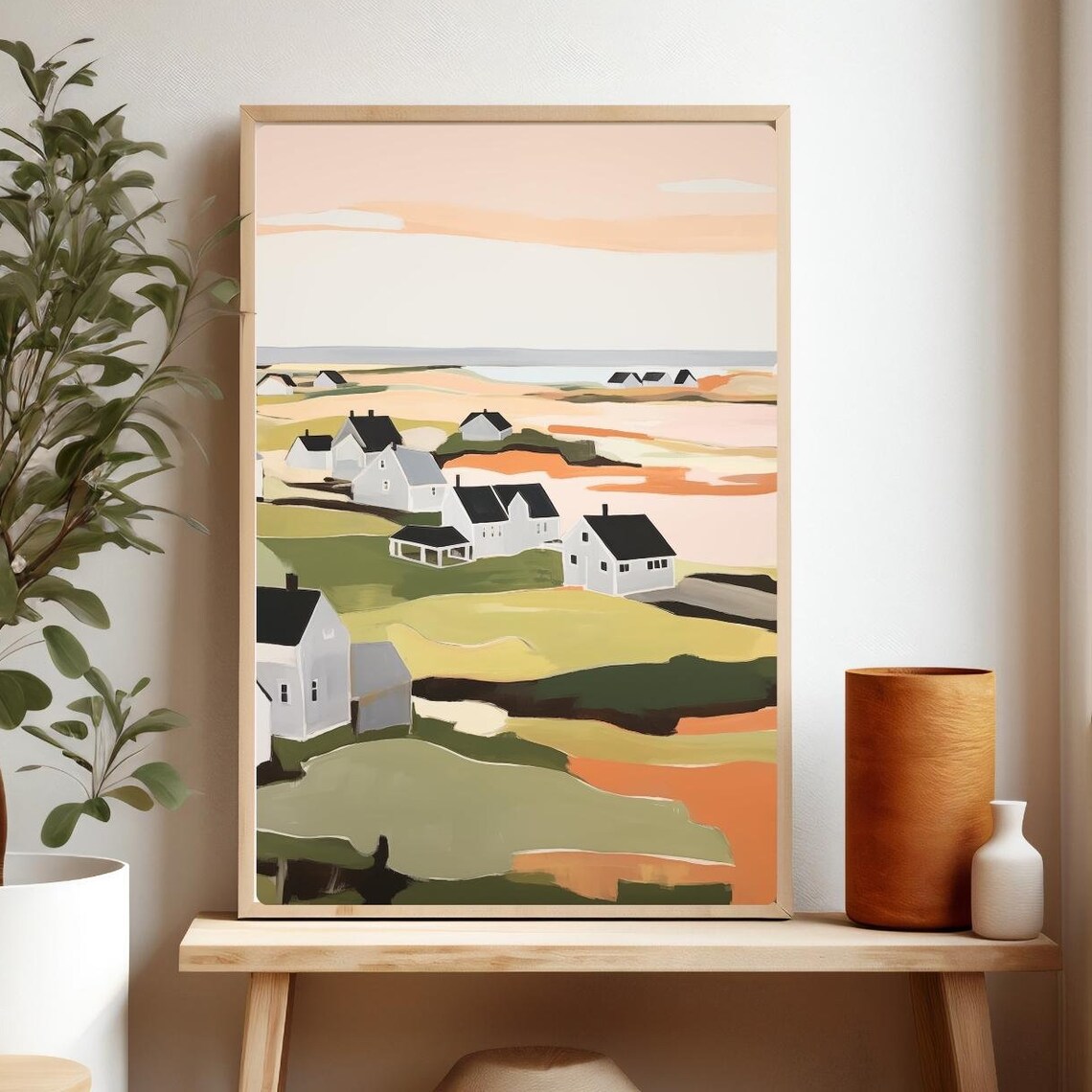 White Coastal Village Houses Peach Hills Seaside Landscape Poster