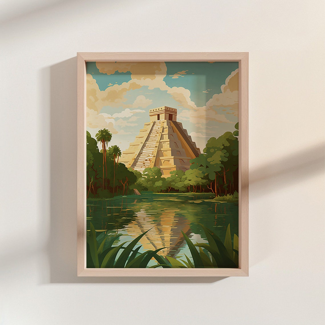 Chichen Itza Pyramid Lake Reflection Jungle Gouache Painting Poster