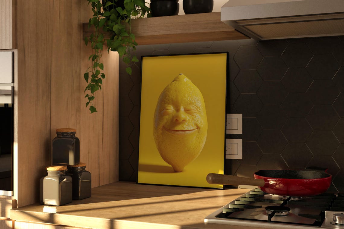 Bright Smiling Lemon Face Pop Art Yellow Citrus Kitchen Poster