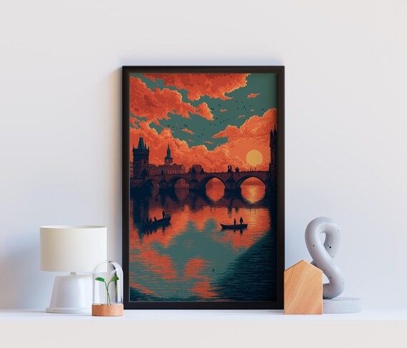 Prague Charles Bridge Sunset Vltava River Vintage Travel Poster