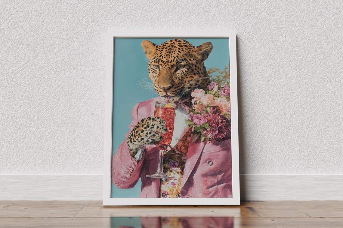 Leopard In Pink Blazer Sipping Cocktail Funny Animal Wall Poster