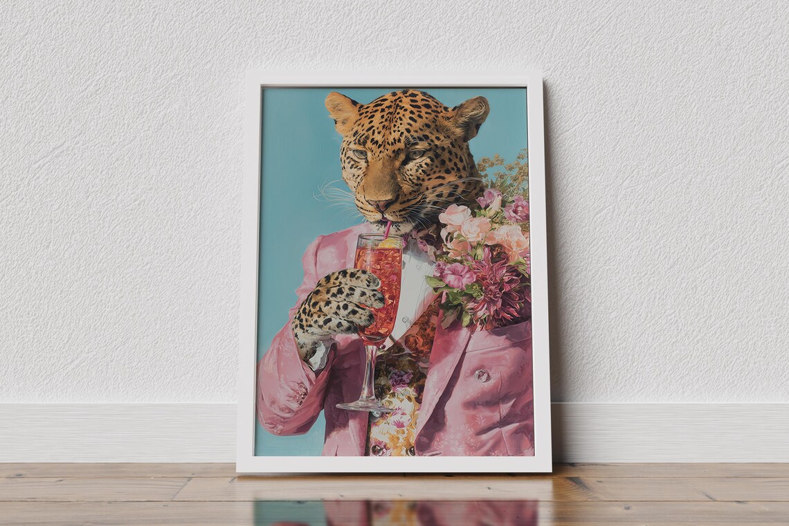 Leopard With Cocktail Print Animal Wall Art Unique Bar Decor