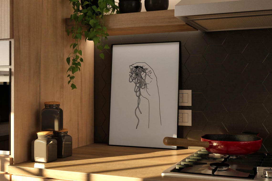 Hand Twirling Spaghetti Minimalist Continuous Line Art Kitchen Print
