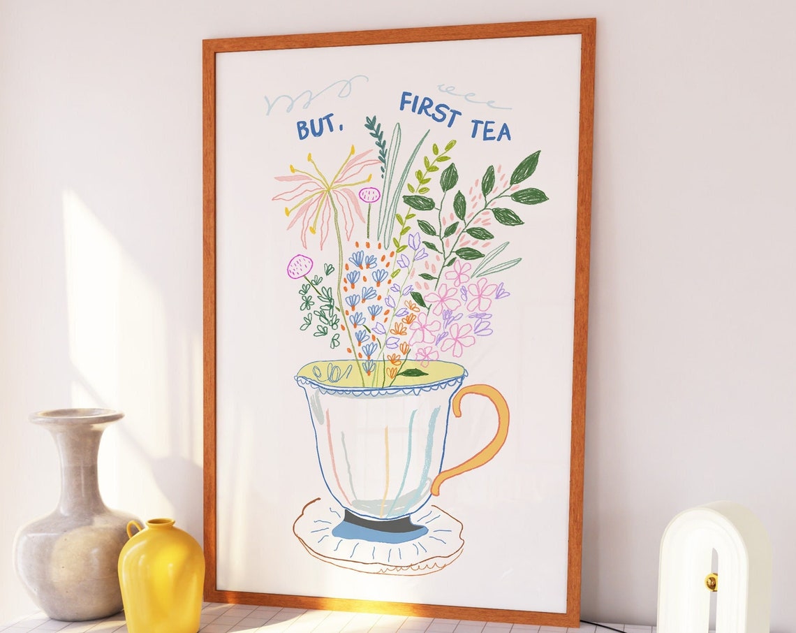 But First Tea Floral Teacup Hand Drawn Colorful Kitchen Decor Poster - Image 4