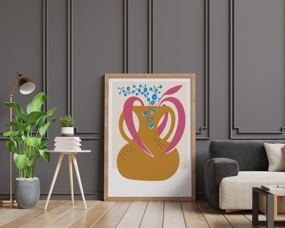 Brown Vase With Pink Leaves and Blue Berries Still Life Art Poster - Image 2