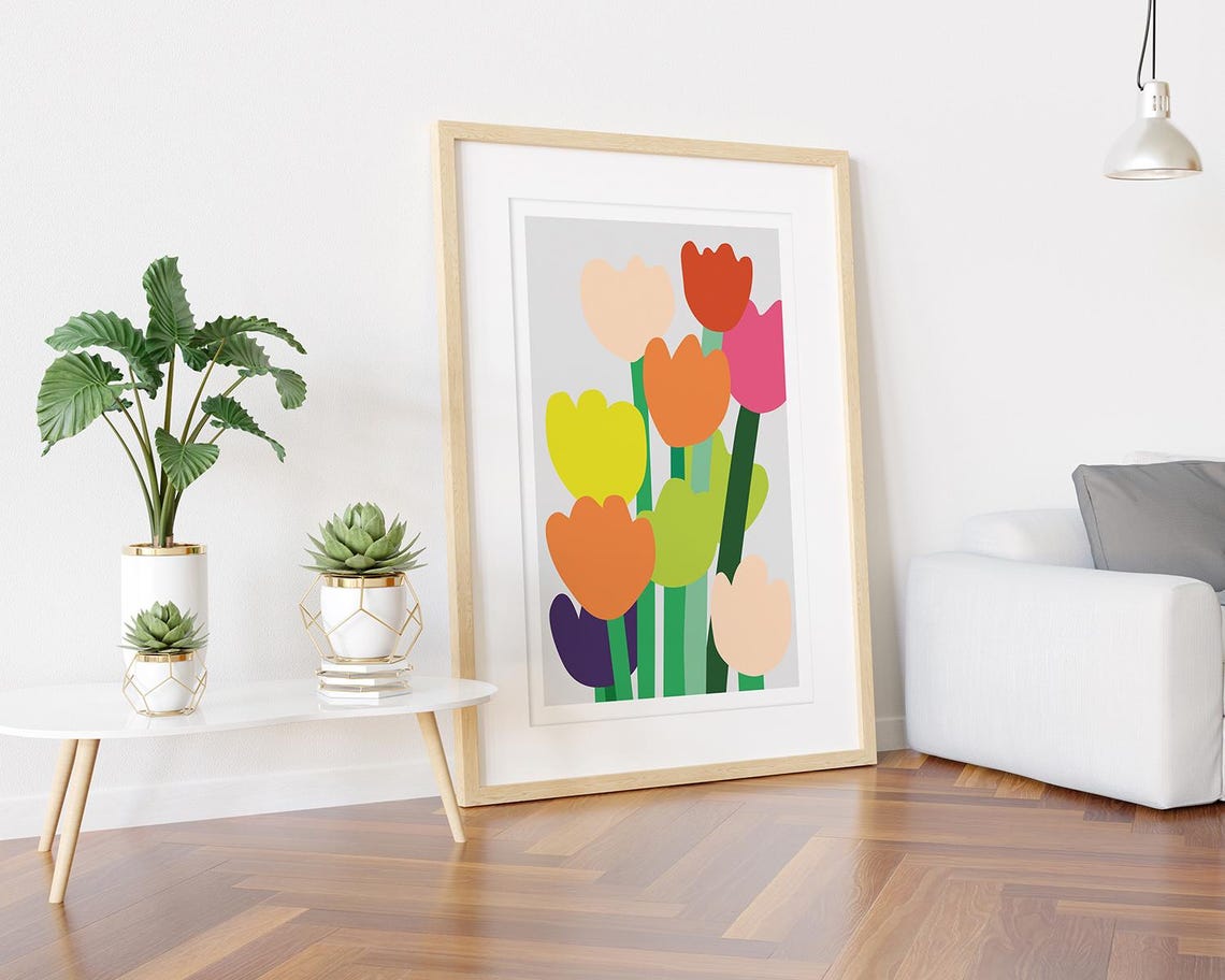 Big Bright Tulips Red Orange Pink Bold Flat Botanical Wall Art - Image 3