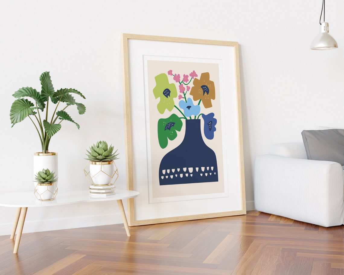 Navy Vase with Pink Blossoms and Bold Colorful Flowers Poster - Image 3