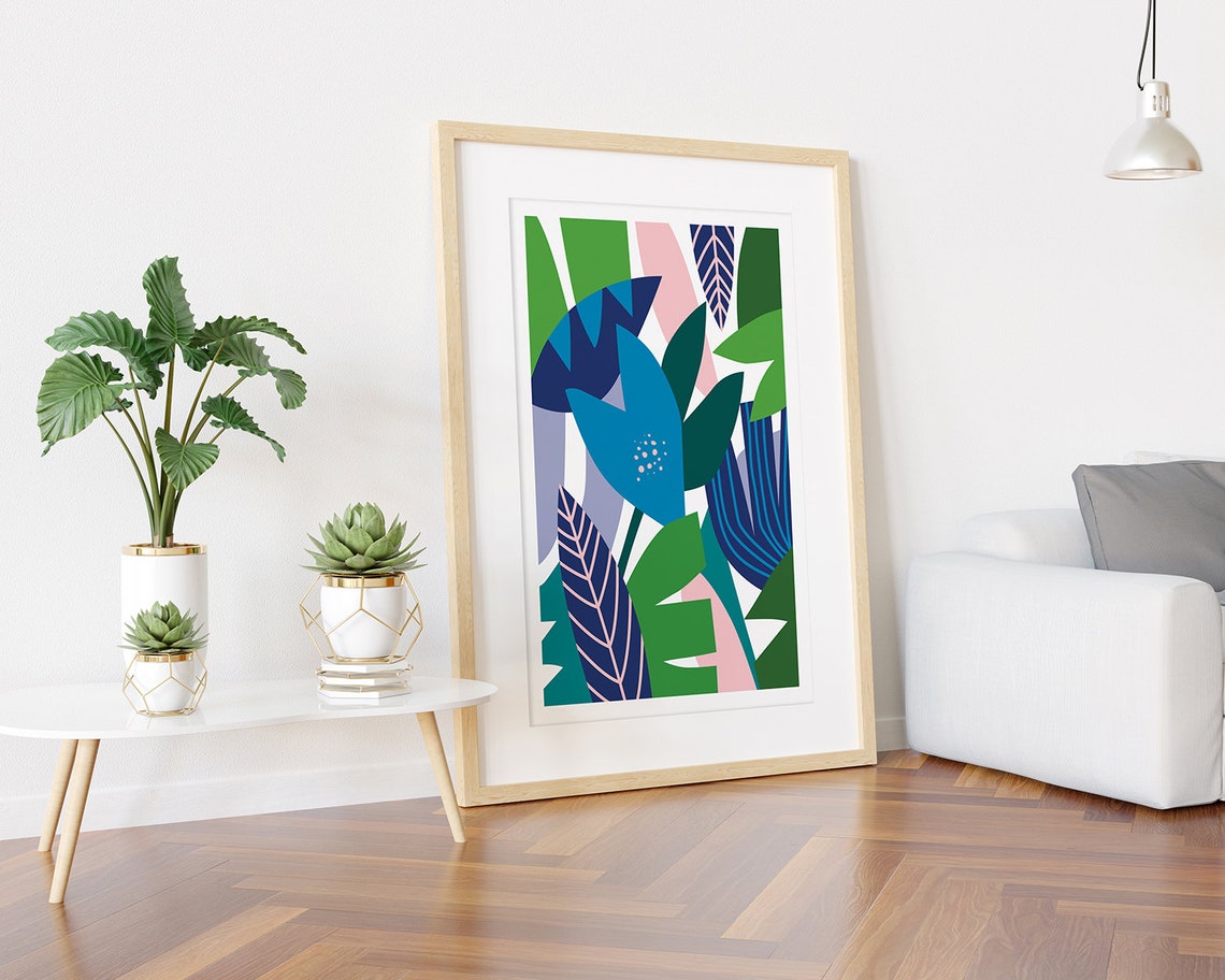 Blue Flower And Bold Green Leaves Abstract Botanical Art Poster - Image 3