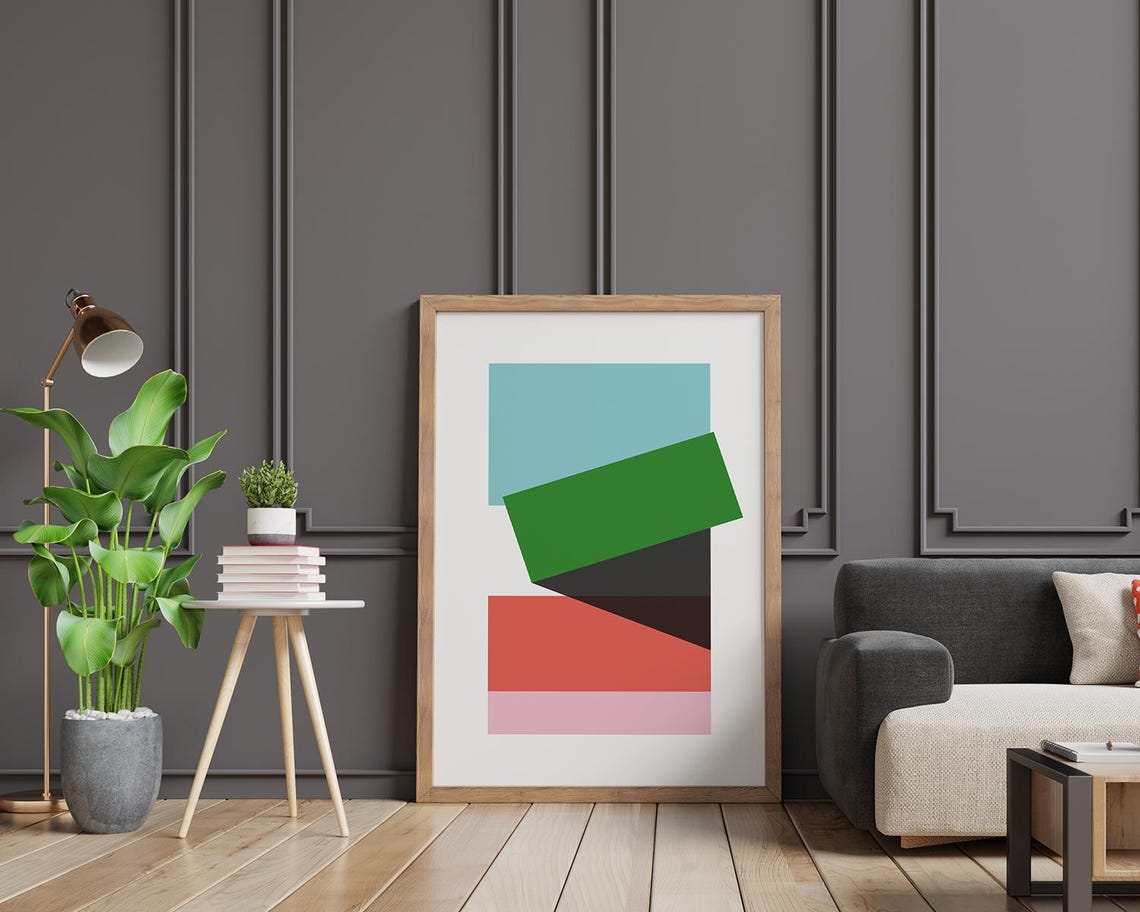 Geometric Blocks in Blue Green Coral and Pink Modern Art Poster - Image 2