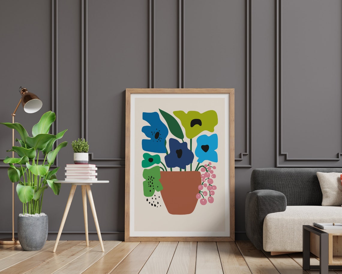 Blue and Green Flowers in a Rustic Terracotta Vase Still Life Poster - Image 2