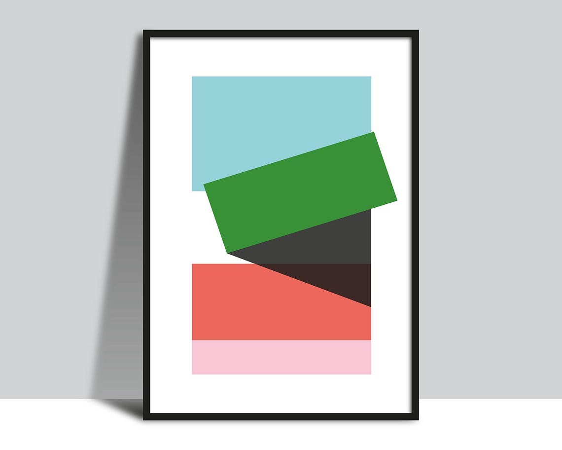 Geometric Blocks in Blue Green Coral and Pink Modern Art Poster
