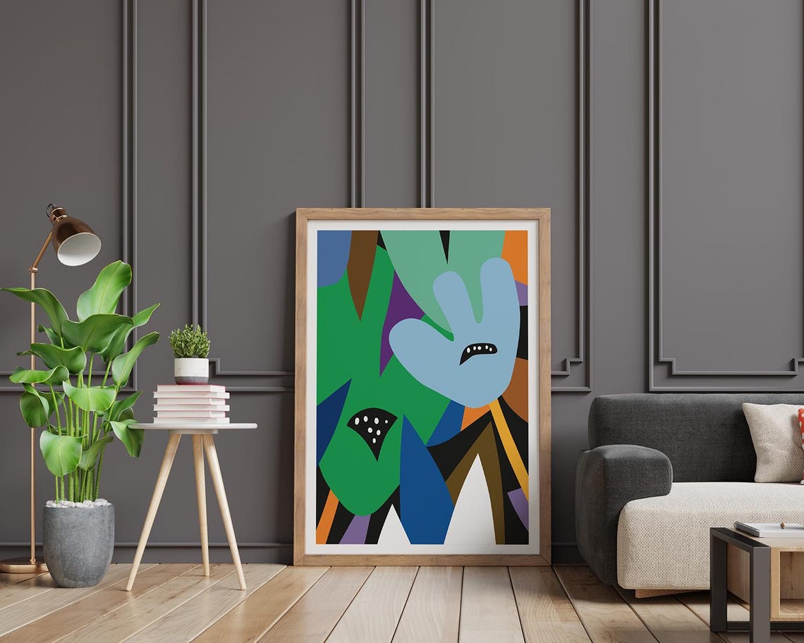 Bold Abstract Botanical with Big Blue Flower Green Leaves Poster - Image 2