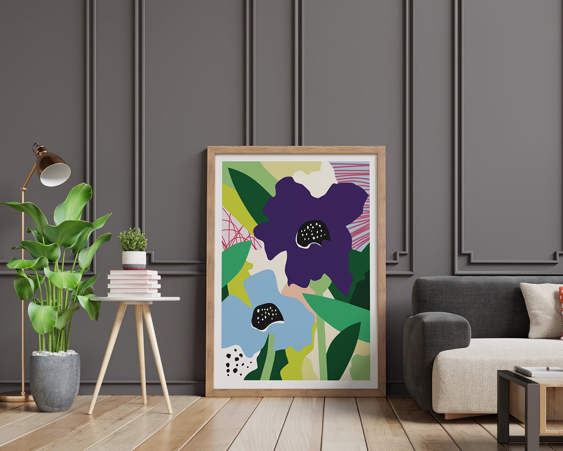 Purple And Blue Abstract Flowers With Green Leaves Art Poster - Image 2