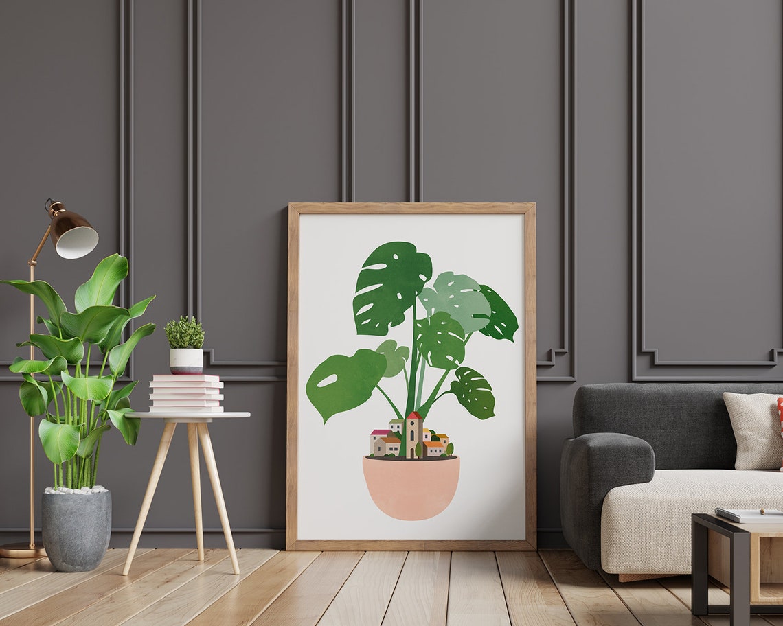 Monstera Plant in Peach Pot with Tiny Village Whimsical Poster - Image 2
