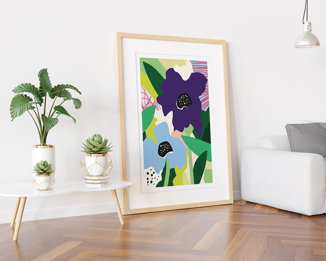 Purple And Blue Abstract Flowers With Green Leaves Art Poster - Image 3