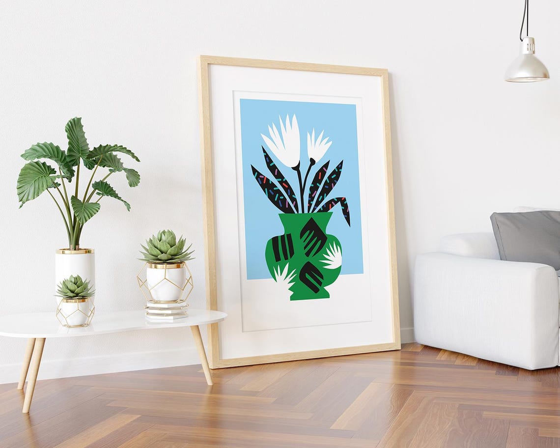 Green Vase White Flowers Sprinkle Leaves Sky Blue Floral Poster - Image 3